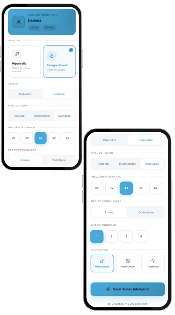 Tela de prescrição automática — seleção de objetivo, gênero, frequência e geração do treino