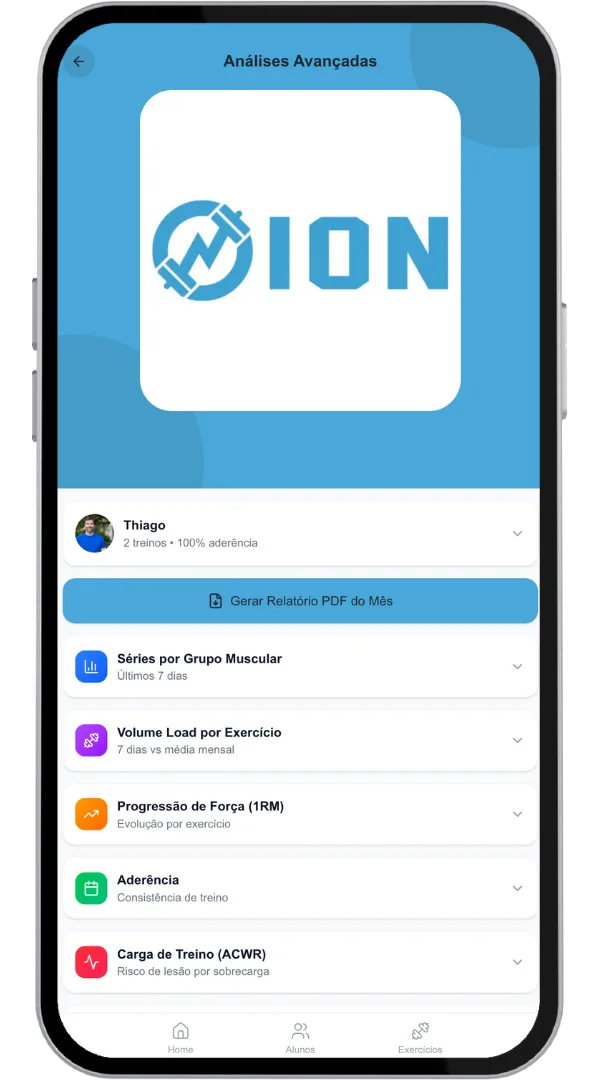 Tela de Análises Avançadas — séries por grupo muscular, volume load, progressão de força, aderência, ACWR