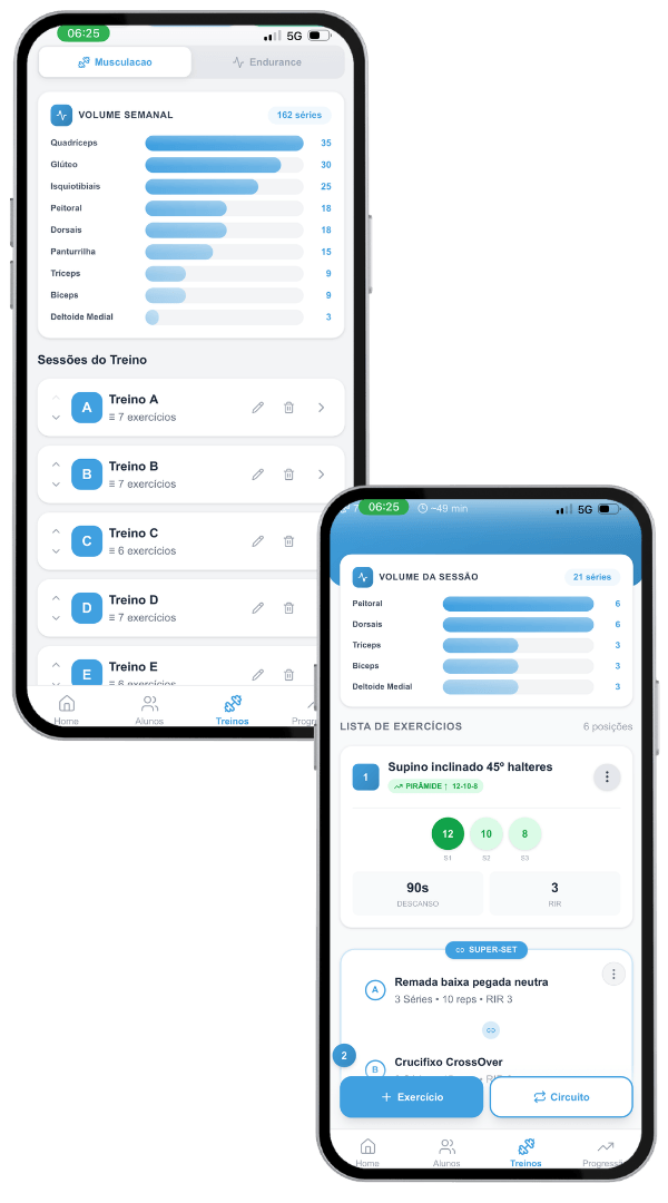 Tela do app mostrando o volume de séries por grupo muscular calculado automaticamente