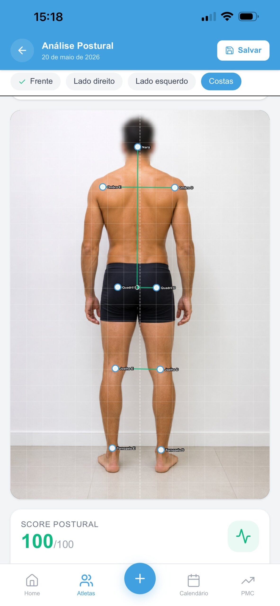 Análise postural com IA - vista de costas, score 100