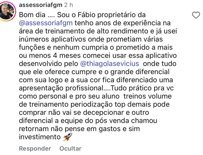 Comentário do personal Fábio (assessoria FGM) sobre o app