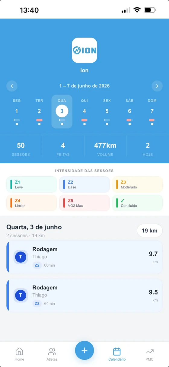 Calendário de treinos do aluno no Ion, com a semana e a intensidade de cada sessão por cor