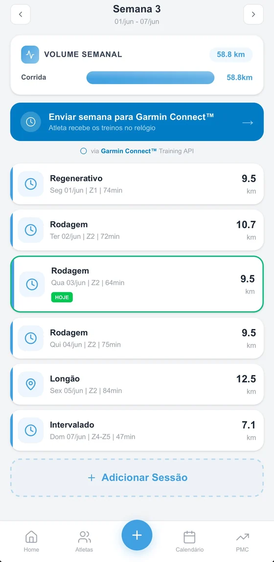 Tela do Ion enviando a semana de treinos para o Garmin Connect do atleta