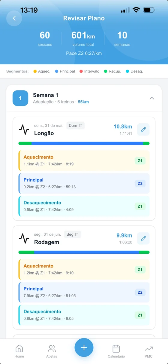 Plano de corrida de 10 semanas gerado automaticamente no Ion, com pace por zona em cada treino